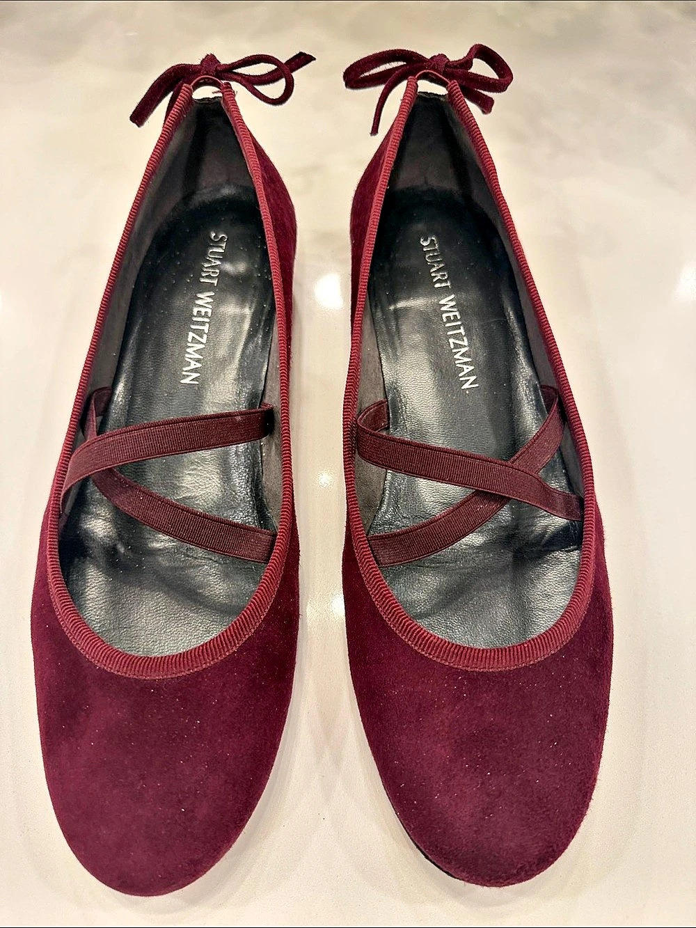 Stuart Weitzman Prima Bow Mary Jane Flat Wine Suede